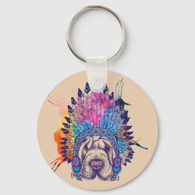 Sharpei Native Amerikanische Ureinwohner Chief Schlüsselanhänger (Vorderseite)