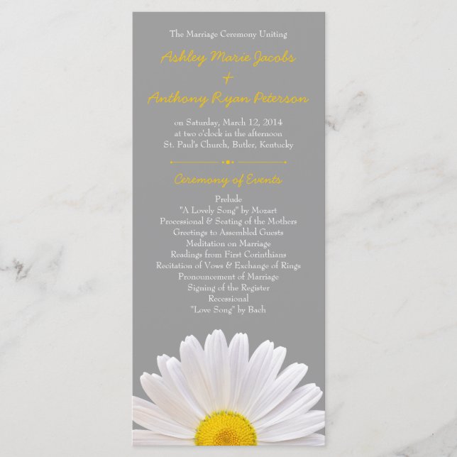 Shasta Daisy Blume Yellow Gray Wedding Program Programm (Vorderseite)