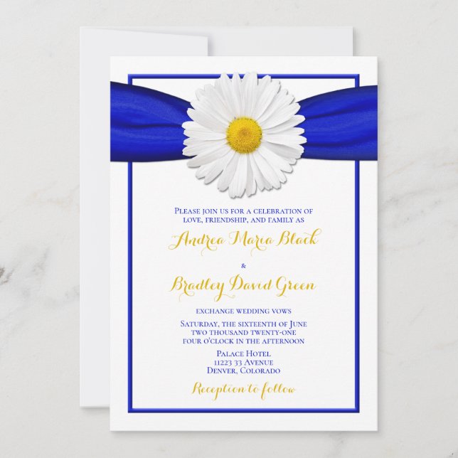 Shasta Daisy mit Blue Ribbon Wedding Einladung (Vorderseite)