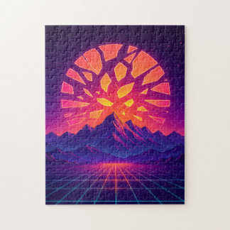 Shattered Neon Sun Over Synthwave Mountains 
