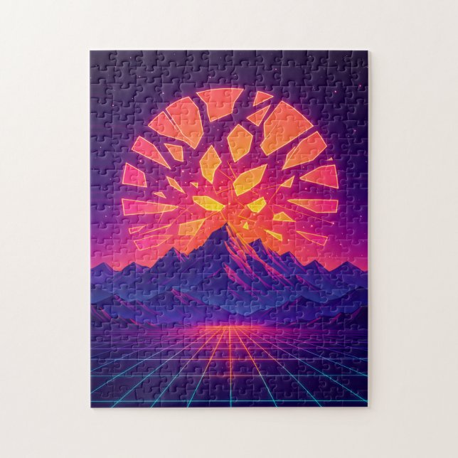 Shattered Neon Sun Over Synthwave Mountains  (Vertikal)