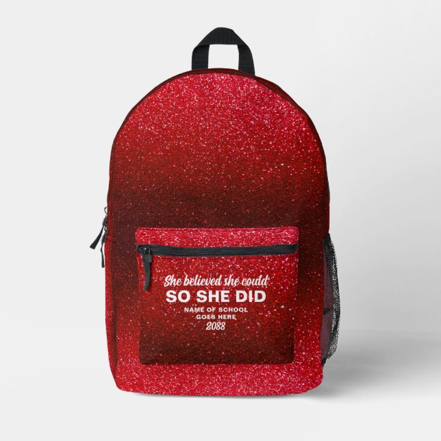 She Believed She Could Black Red Glitter Sparkles Bedruckter Rucksack (Vorderseite)