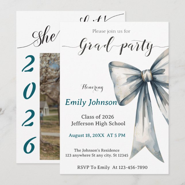 She did it Graduation invitation Photo Blue Bow  (Devant / Derrière)