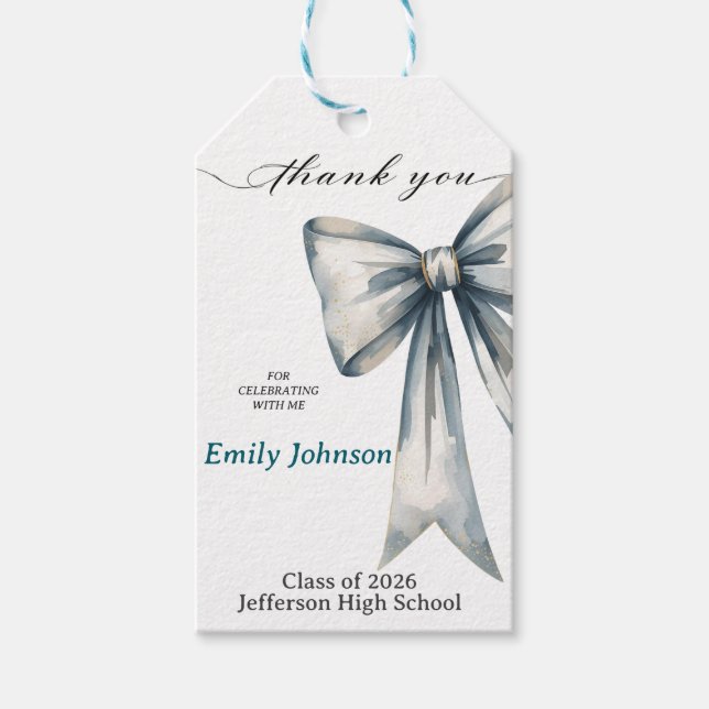 She did it Graduation invitation Photo Blue Bow  Geschenkanhänger (Vorderseite)