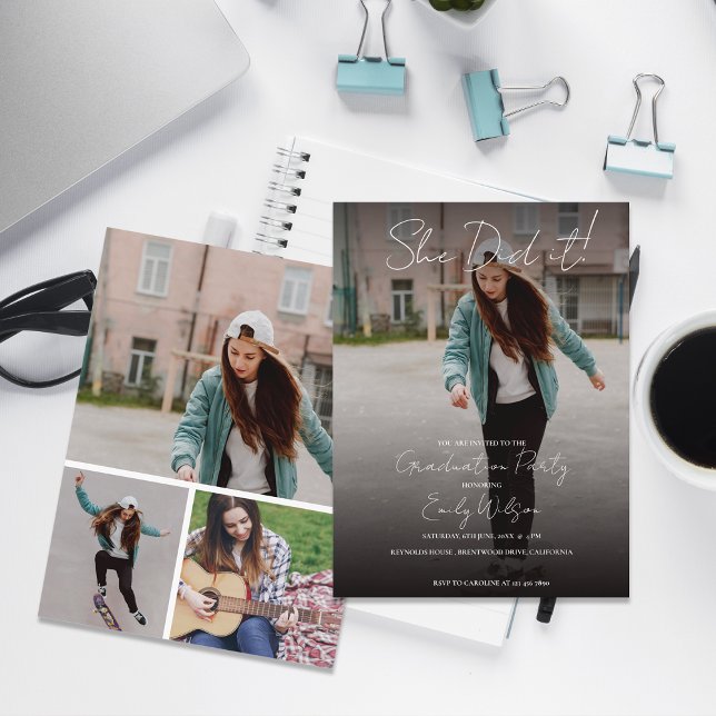 She Did It Multi Photo Graduation Party Invitation Postkarte (She Did It Modern Photo Graduation Party Invitation Postcard | Multi Photo Grad Party )