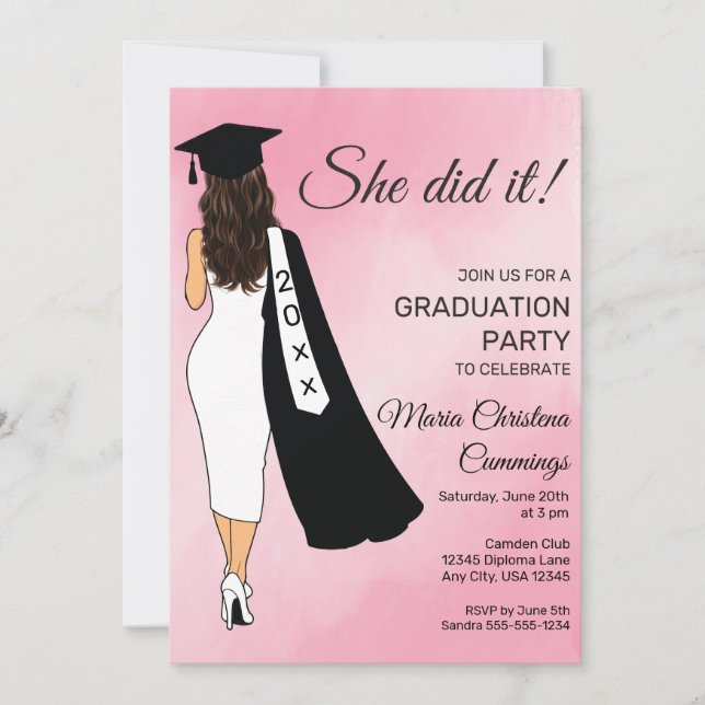 She Did It Pink Graduation Invitation (Devant)