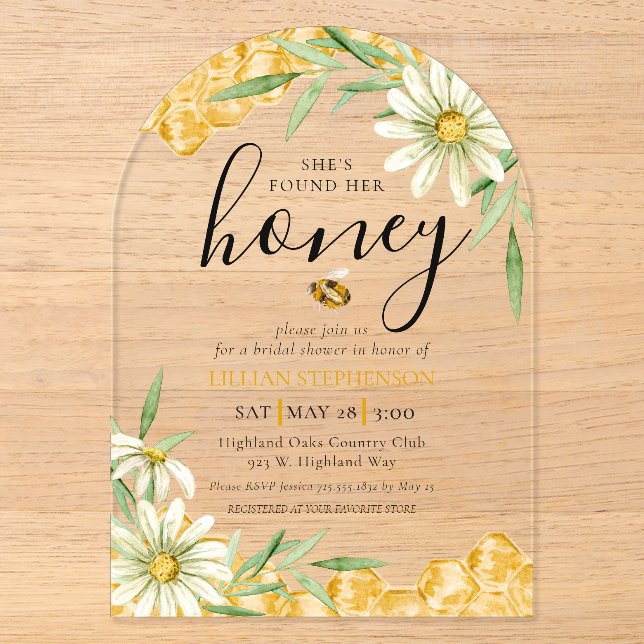 She Found Her Honey Bee Themed Daisy Bridal Shower Acryleinladungen (Vorderseite)