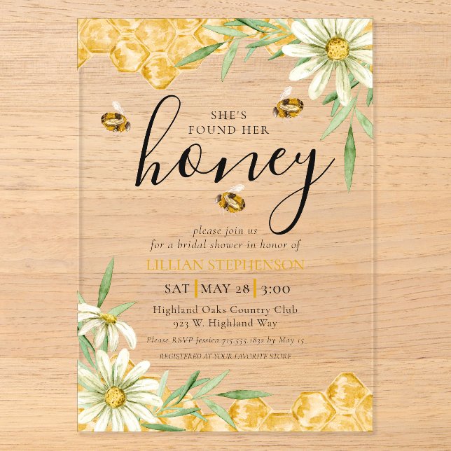 She Found Her Honey Bee Themed Daisy Bridal Shower Acryleinladungen (Vorderseite)