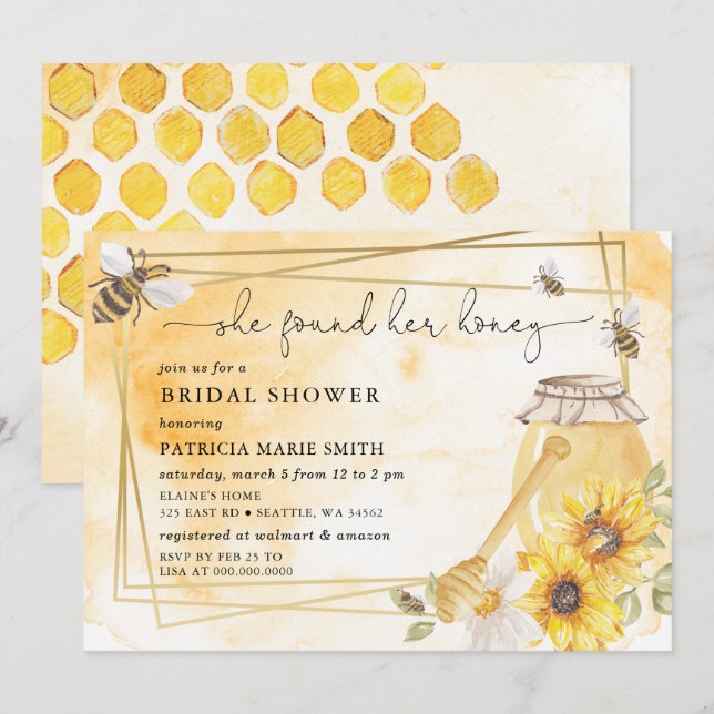 She Found Her Honey Floral Bee Bridal Shower Einladung (Vorne/Hinten)