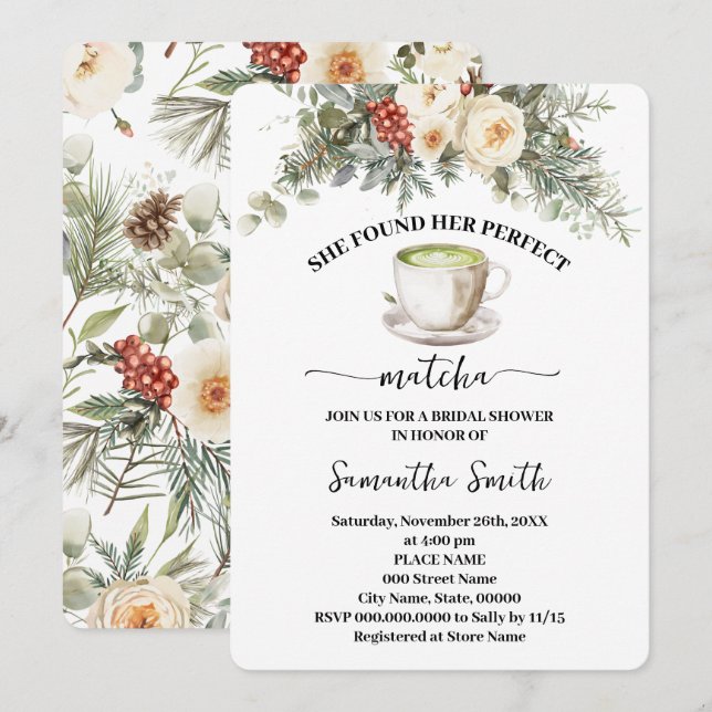 She Found Her Matcha Winter Bridal Shower Einladung (Vorne/Hinten)