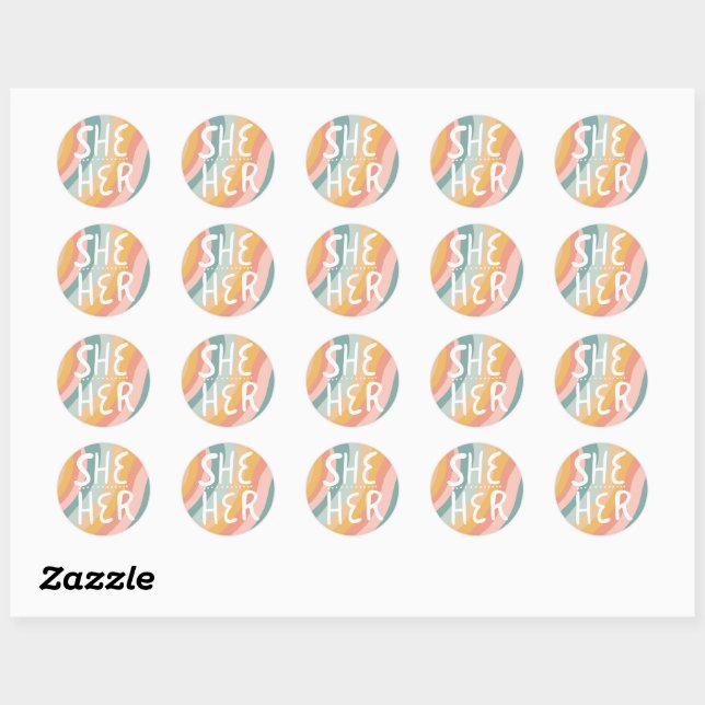 SHE/HER Pronouns Rainbow Handlettering Runder Aufkleber (Blatt)