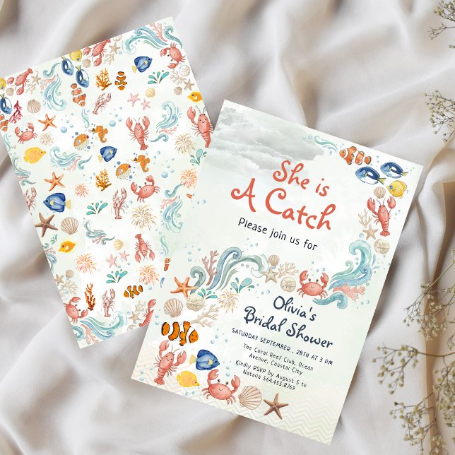 She is a Catch Coastal Lobester Bridal Shower  Einladung (Von Creator hochgeladen)