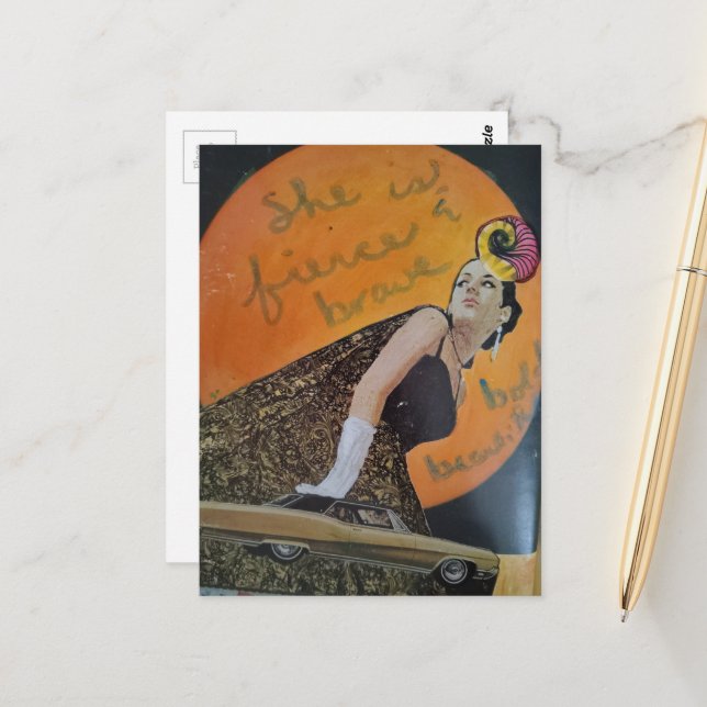 She is fierce and brave bold collage postkarte (Vorderseite/Rückseite Beispiel)