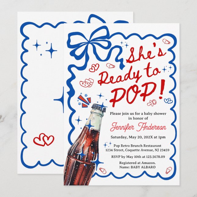 She is Ready to POP Blue Coquette Invitation Einladung (Vorne/Hinten)
