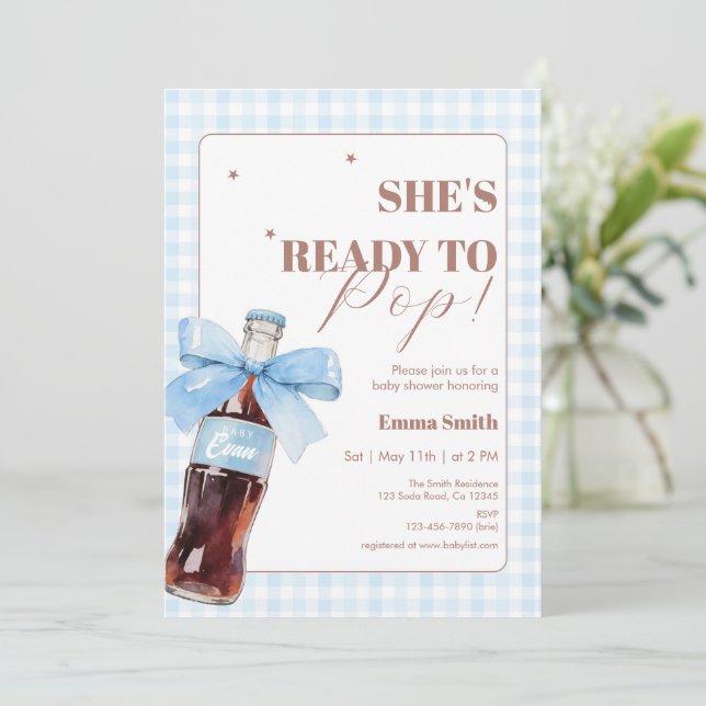 She Is Ready to Pop Blue Soda Pop Baby Shower Dankeskarte (Stehend Vorderseite)