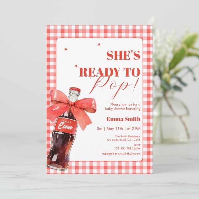She Is Ready to Pop Red Soda Pop Baby Shower Dankeskarte (Stehend Vorderseite)