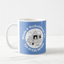 Sheds & Outbuilding Cartoon mit Telefonnummer.