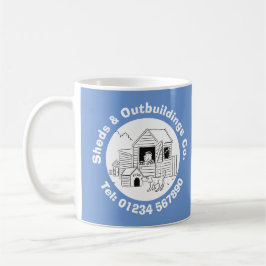 Sheds & Outbuilding Cartoon mit Telefonnummer. Kaffeetasse