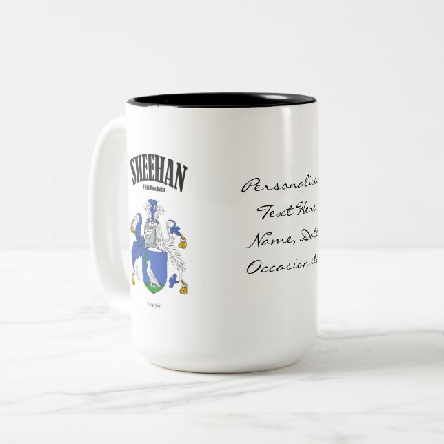 Sheehan Familienwappen, Übersetzung und Bedeutung Zweifarbige Tasse (Vorderseite Links)