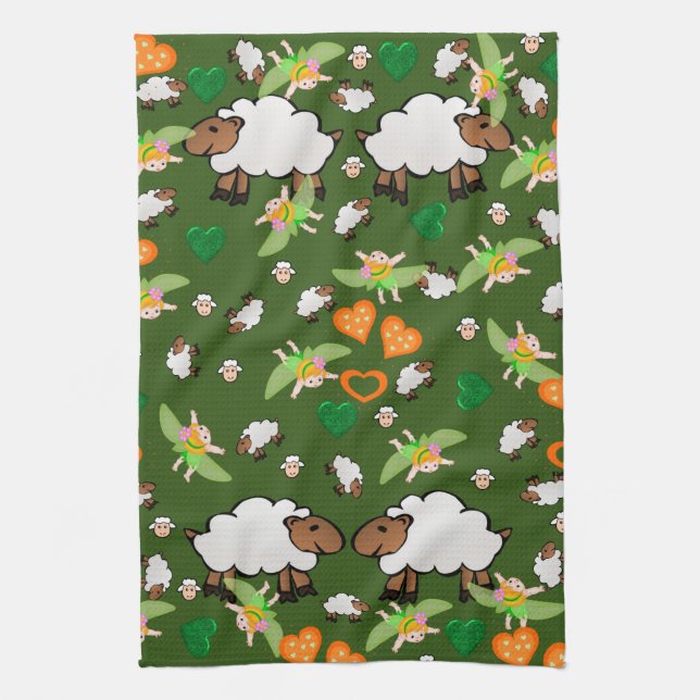 Sheep Green Orange Hearts Fairy Cuisine Serviette  (Vertical)