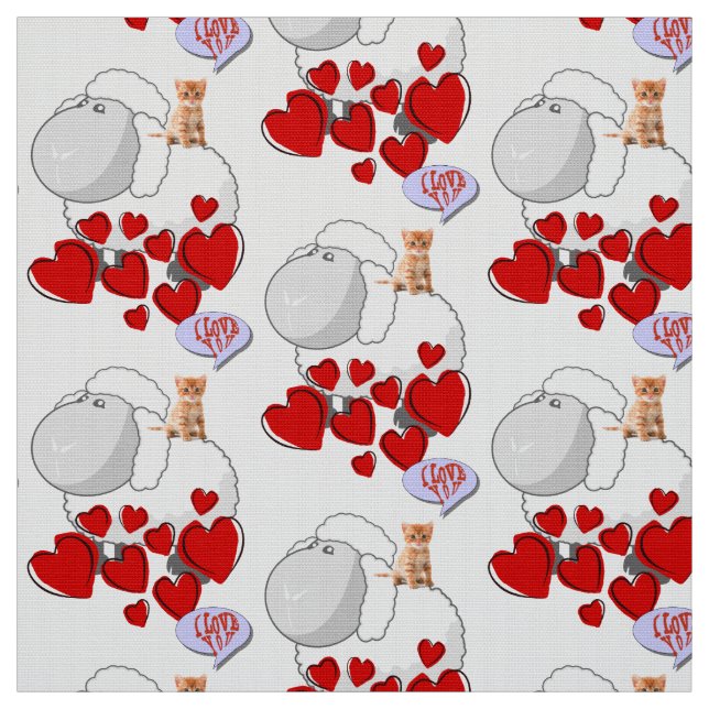 Sheep Red Hearts Kitten Fabric Stoff (Muster)