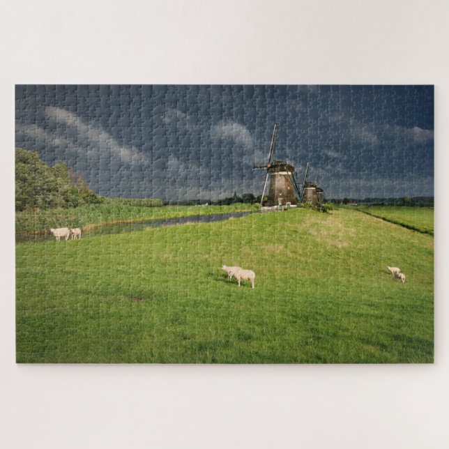 Sheep with windmills under dark clouds (Horizontal)