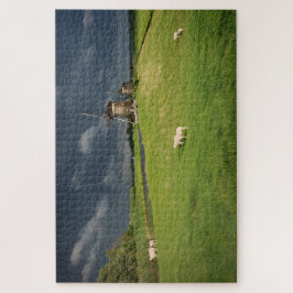 Sheep with windmills under dark clouds