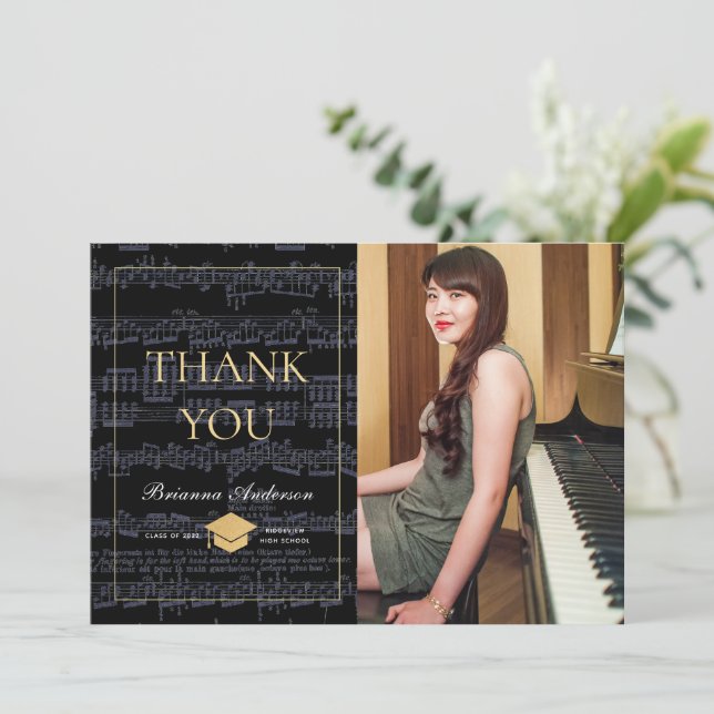Sheet Music Black & Gold Foto Vielen Dank Einladung (Stehend Vorderseite)