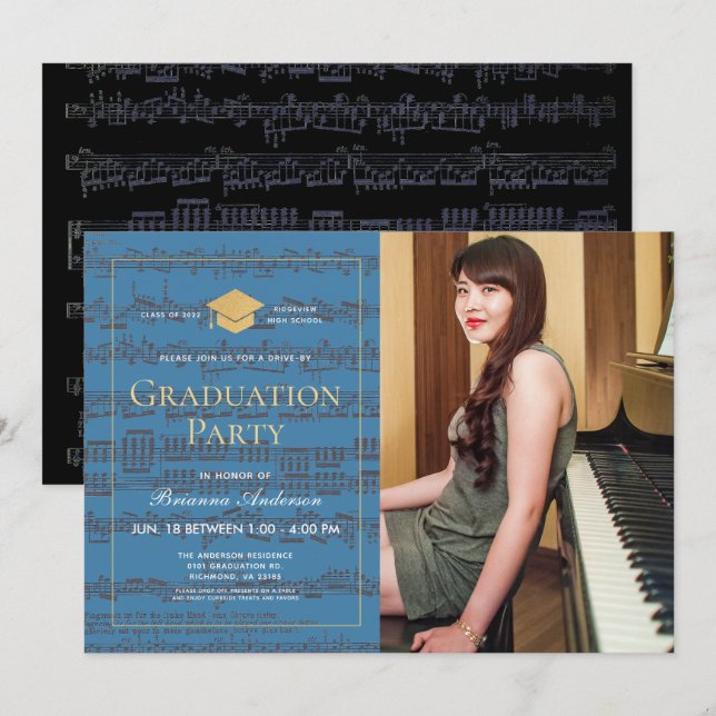 Sheet Music Blue Gold Foto Drive-by-Abschluss Einladung (Vorne/Hinten)