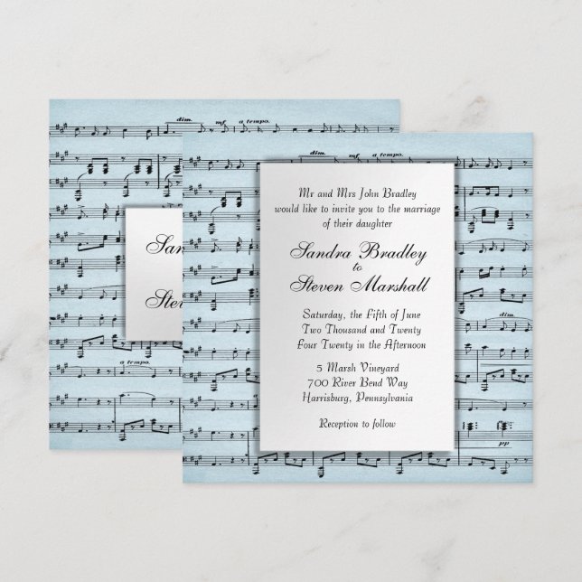 Sheet Music Blue Wedding Einladung (Vorne/Hinten)