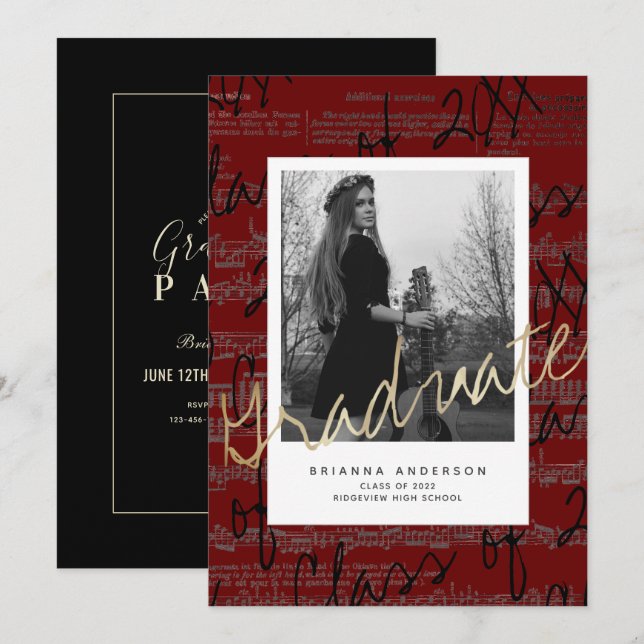 Sheet Music Burgundy Foto VIrtual Abschluss Einladung (Vorne/Hinten)