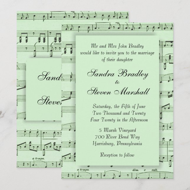 Sheet Music Green Wedding Einladung (Vorne/Hinten)