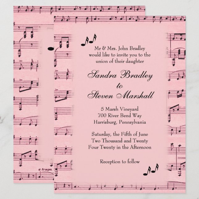 Sheet Music Pink Wedding Einladung (Vorne/Hinten)