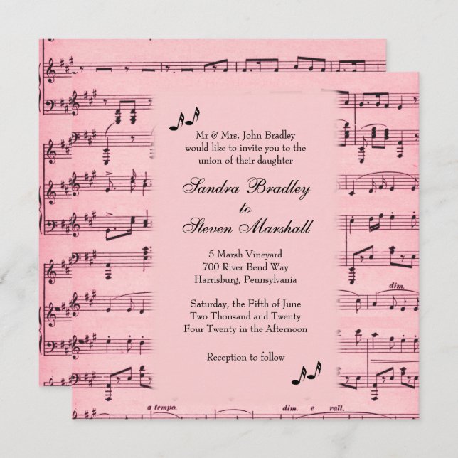 Sheet Music Pink Wedding Einladung (Vorne/Hinten)