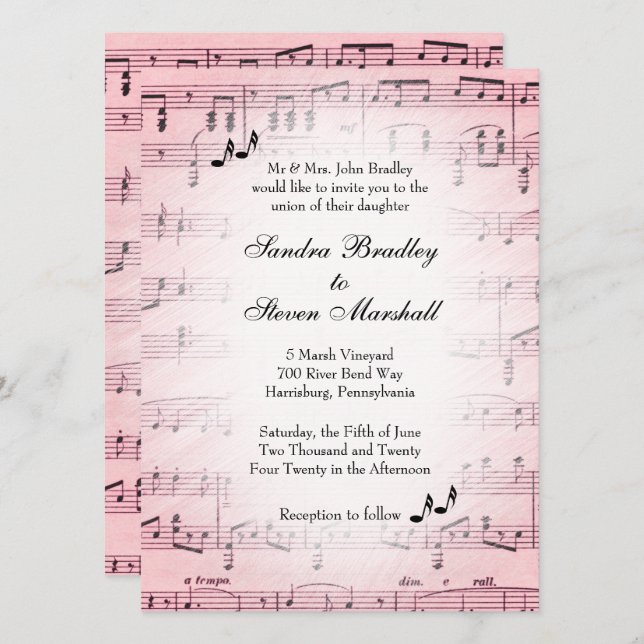 Sheet Music Pink Wedding Einladung 2 (Vorne/Hinten)