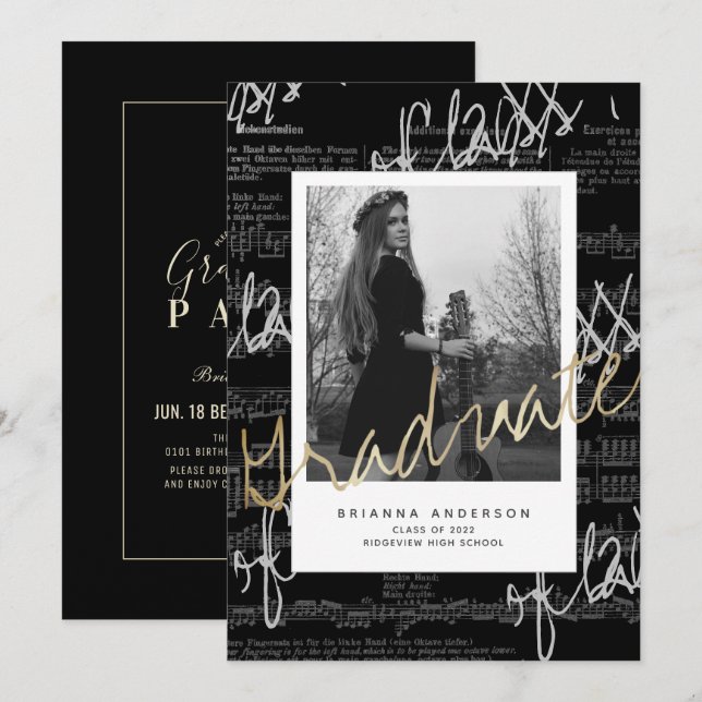 Sheet Music Script Black Foto Drive-by-Abschluss Einladung (Vorne/Hinten)