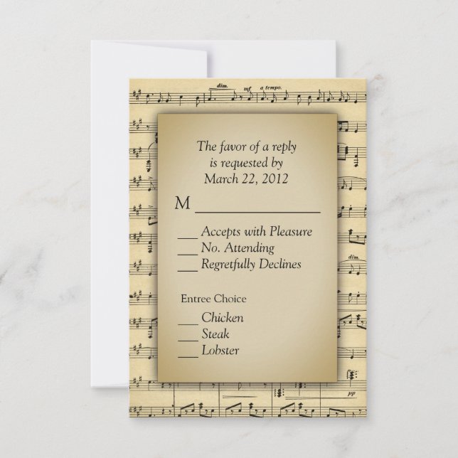 Sheet Music Theme RSVP Cards mit Menüoptionen Karte (Vorderseite)