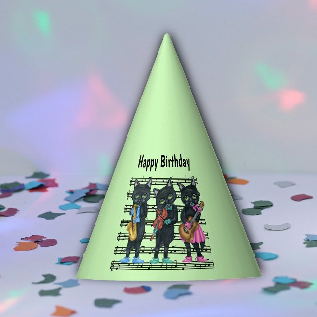 Sheet Music Three Black Cat Musicians Green Eyes Partyhütchen (Musical black cats instruments on sheet of music notes on green Happy Birthday paper party hat.)