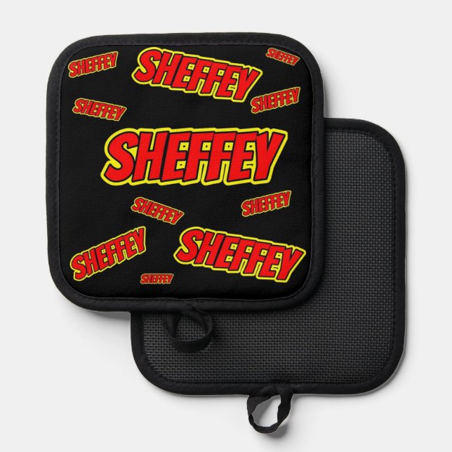 Sheffey Red Comic Schriftart Topflappen (Vorderseite/Rückseite)