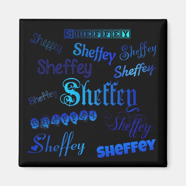 Sheffey Schriftartes - Blau auf schwarzem Magnet (Vorne)