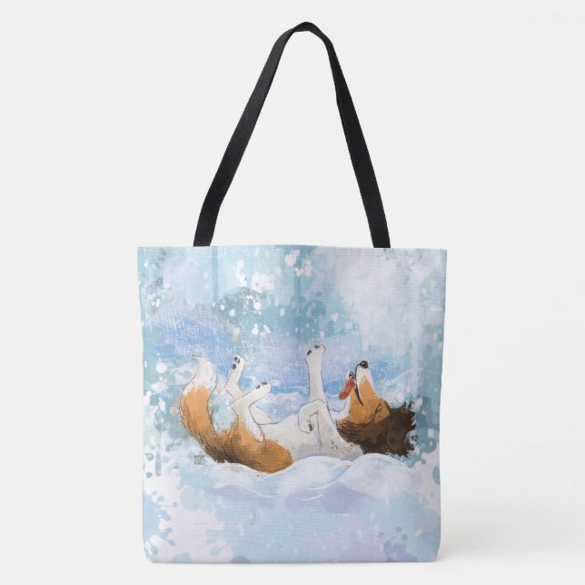 Sheldon der Sheltie spielt im Schnee Tasche (Vorderseite)