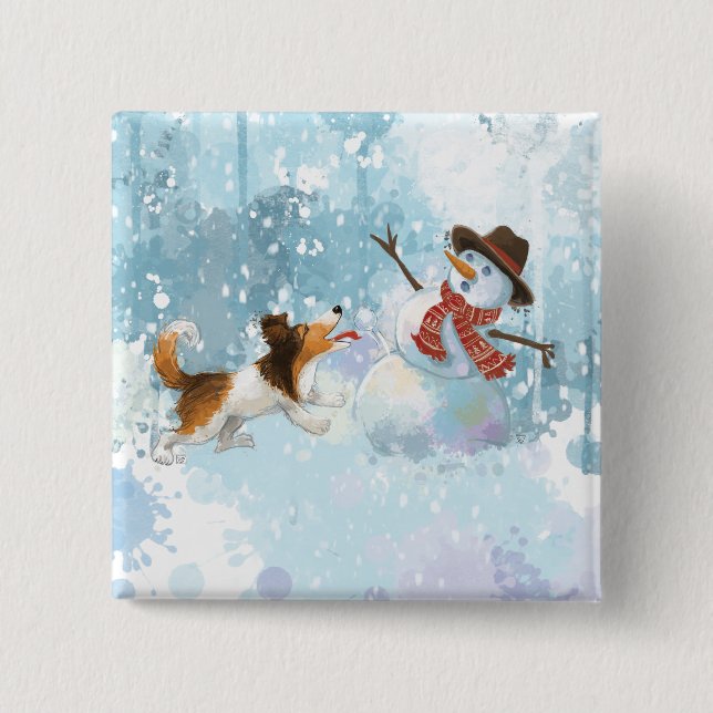 Sheldon der Sheltie und der Schneemann Button (Vorderseite)