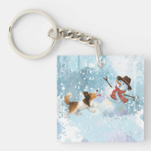 Sheldon der Sheltie und der Schneemann Schlüsselanhänger