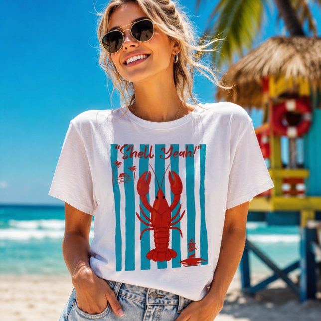 "Shell Yeah" Funny Red Lobster Beach Stripes T-Shi T-Shirt (Von Creator hochgeladen)