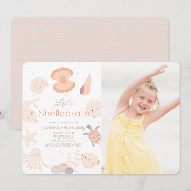 Shellebrate Seashell Pink Geburtstags-Foto Einladung (Vorne/Hinten)