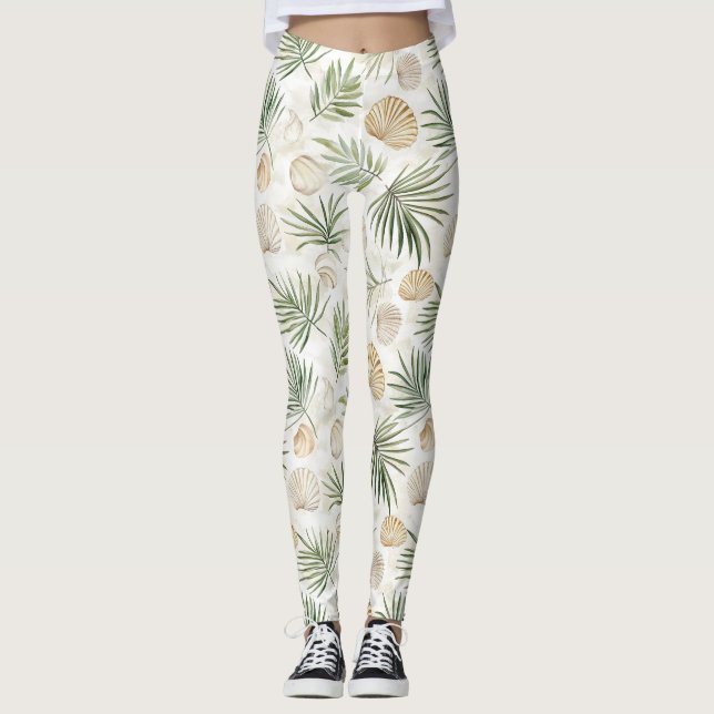 Shells Beach Green Palm Tree Leaves Leggings (Vorderseite)