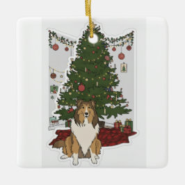 Sheltie am Weihnachtsbaum Keramikornament