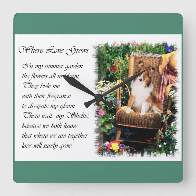 Sheltie Art spendet Sommergarten Quadratische Wanduhr (Vorderseite)