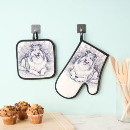 Sheltie & Blumen Skizze Ofenhandschuh & Topflappen-Set