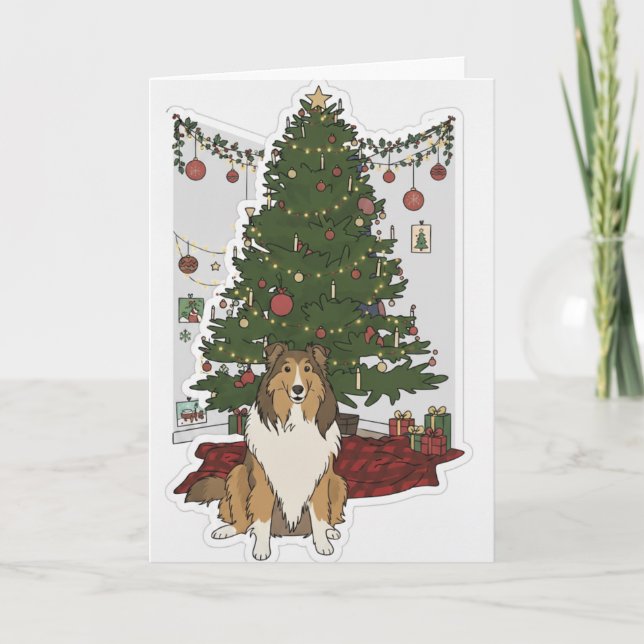 Sheltie by the Christmas tree Karte (Vorderseite)